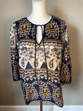 Pink Chicken NY Paisley Metallic Stripe Featherweight Cotton Boho Peasant Top M